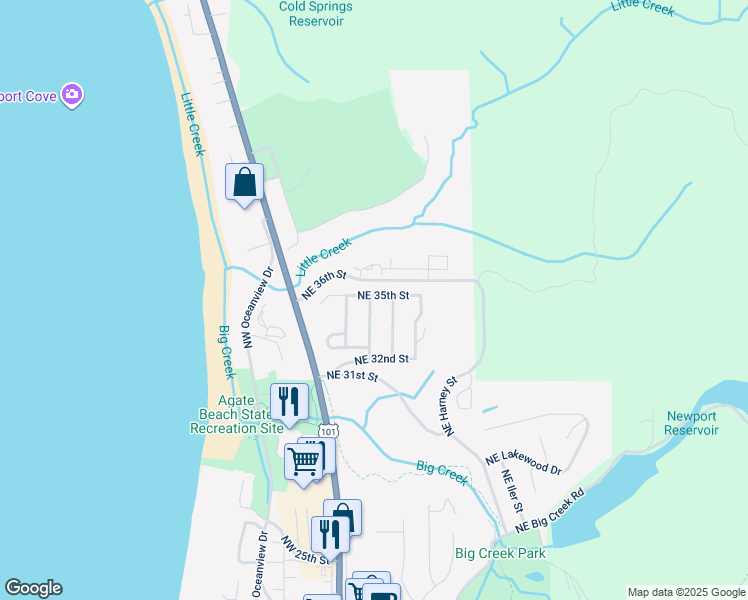 map of restaurants, bars, coffee shops, grocery stores, and more near 3448 Northeast Benton Street in Newport