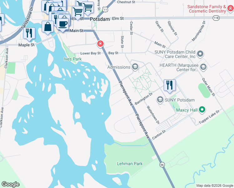 map of restaurants, bars, coffee shops, grocery stores, and more near 5 Barclay St in Potsdam