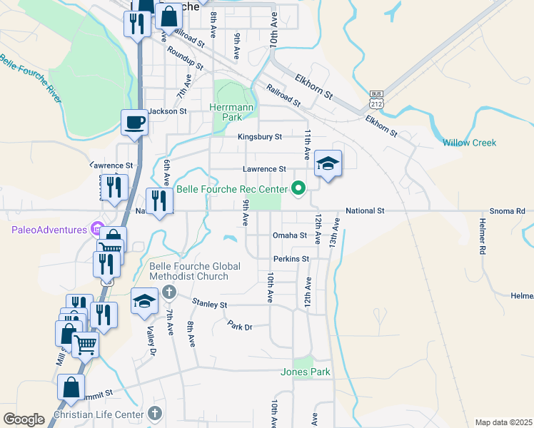 map of restaurants, bars, coffee shops, grocery stores, and more near 916-998 National Street in Belle Fourche