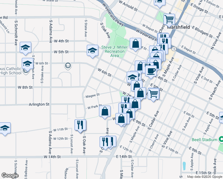 map of restaurants, bars, coffee shops, grocery stores, and more near 313 Magee Street in Marshfield