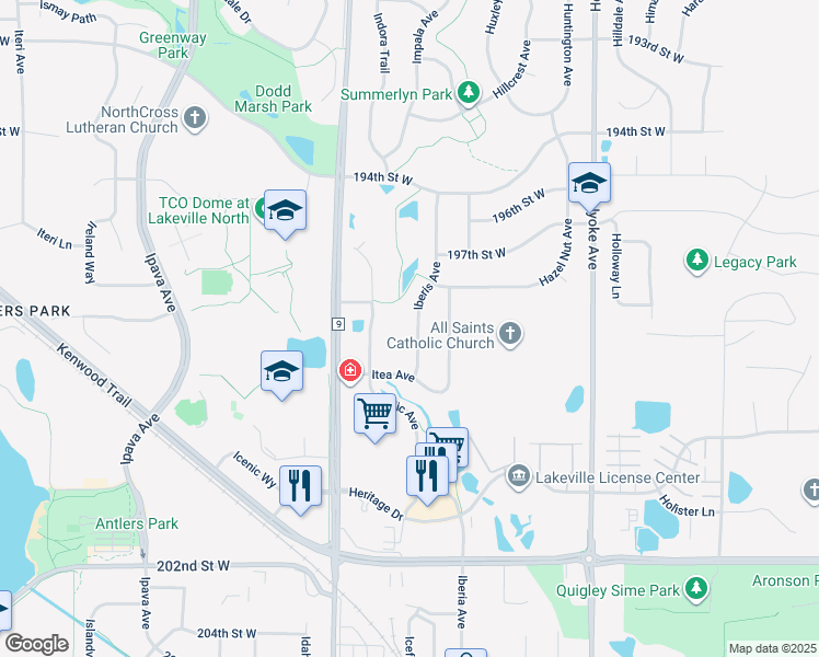 map of restaurants, bars, coffee shops, grocery stores, and more near 19843 Iberis Avenue in Lakeville