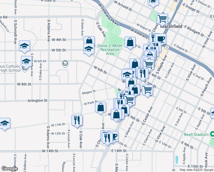 map of restaurants, bars, coffee shops, grocery stores, and more near 313 Magee Street in Marshfield