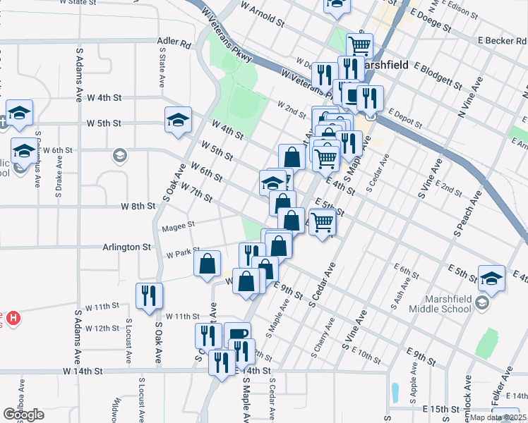 map of restaurants, bars, coffee shops, grocery stores, and more near 610 South Chestnut Avenue in Marshfield
