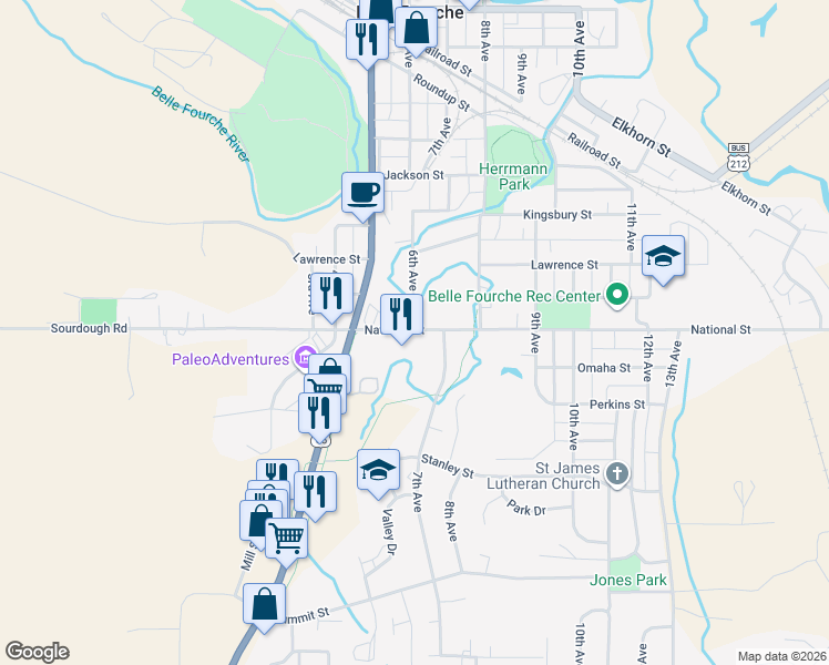 map of restaurants, bars, coffee shops, grocery stores, and more near 518 National Street in Belle Fourche