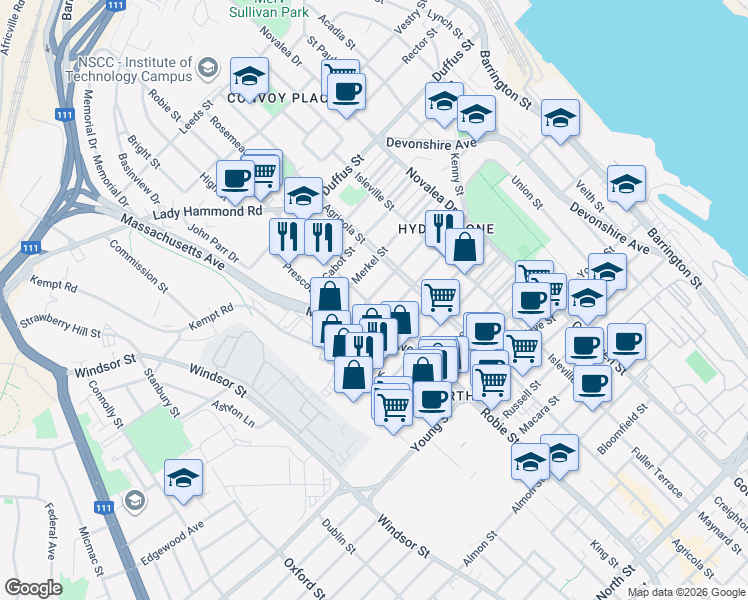 map of restaurants, bars, coffee shops, grocery stores, and more near 3283 Robie Street in Halifax