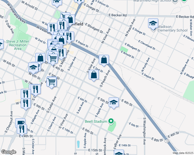 map of restaurants, bars, coffee shops, grocery stores, and more near 601 East 3rd Street in Marshfield