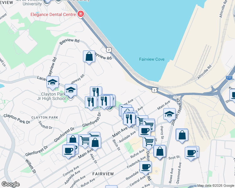 map of restaurants, bars, coffee shops, grocery stores, and more near 45 Vimy Avenue in Halifax