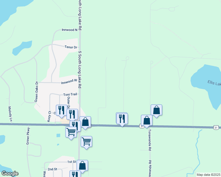 map of restaurants, bars, coffee shops, grocery stores, and more near 1406-1998 White Oak Lane in Interlochen