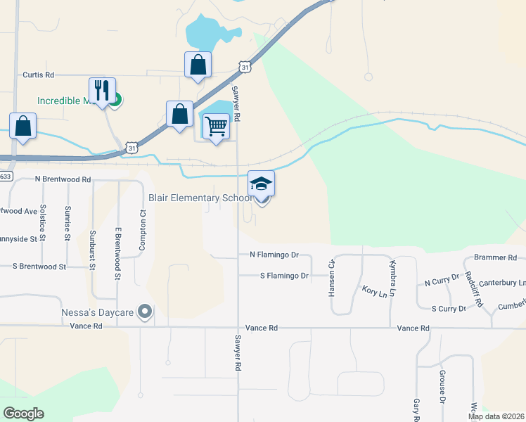 map of restaurants, bars, coffee shops, grocery stores, and more near 1753-1865 Sawyer Rd in Traverse City