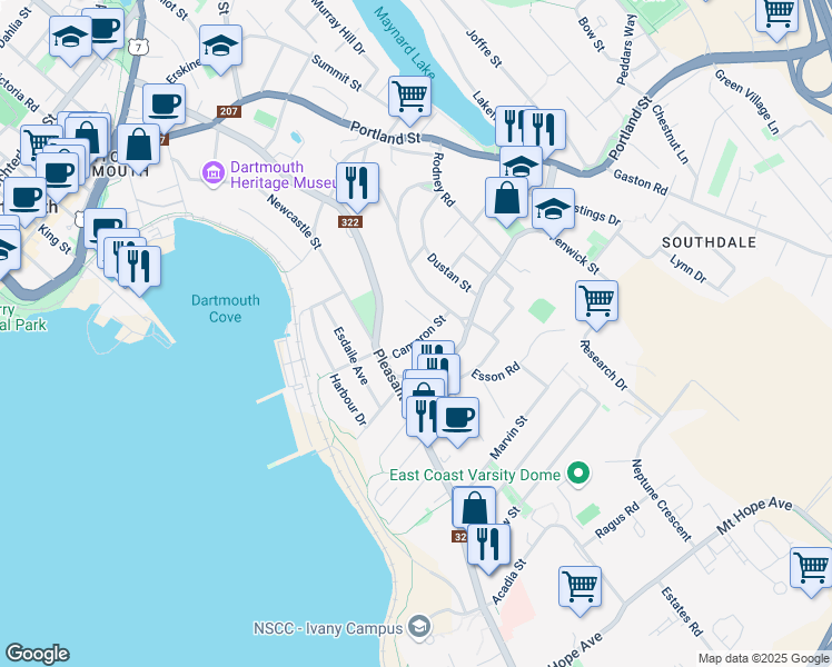 map of restaurants, bars, coffee shops, grocery stores, and more near 17 Cameron Street in Dartmouth