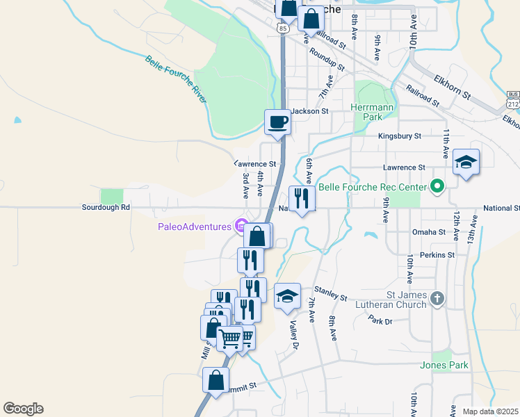 map of restaurants, bars, coffee shops, grocery stores, and more near 398 National St in Belle Fourche