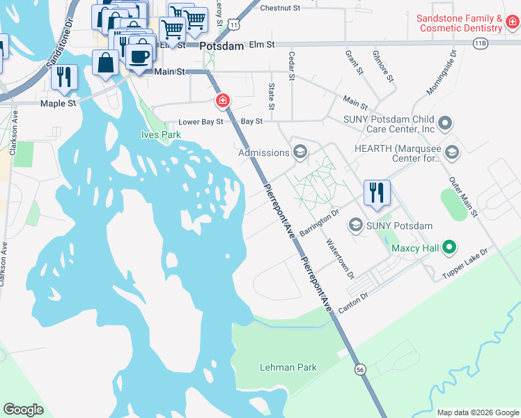map of restaurants, bars, coffee shops, grocery stores, and more near 5 Barclay Street in Potsdam