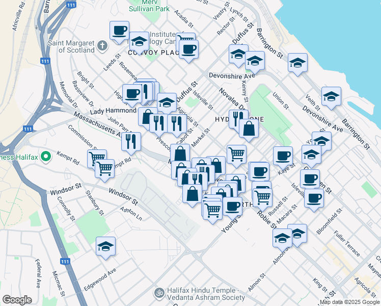 map of restaurants, bars, coffee shops, grocery stores, and more near 3326 Robie Street in Halifax