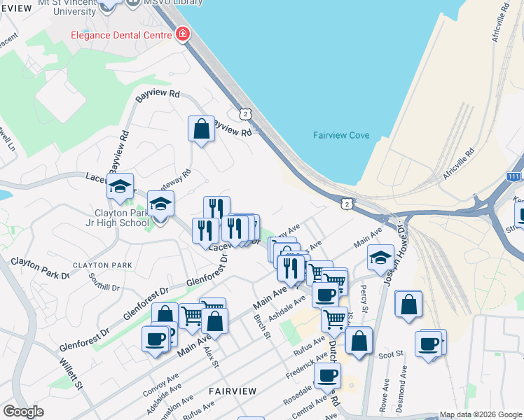 map of restaurants, bars, coffee shops, grocery stores, and more near 45 Vimy Avenue in Halifax