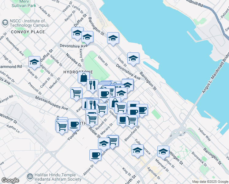 map of restaurants, bars, coffee shops, grocery stores, and more near 5460 Young Street in Halifax