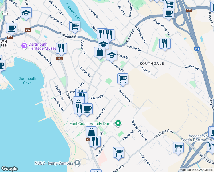 map of restaurants, bars, coffee shops, grocery stores, and more near 81 Esson Road in Dartmouth