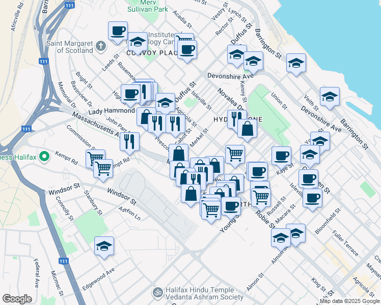 map of restaurants, bars, coffee shops, grocery stores, and more near 3326 Robie Street in Halifax