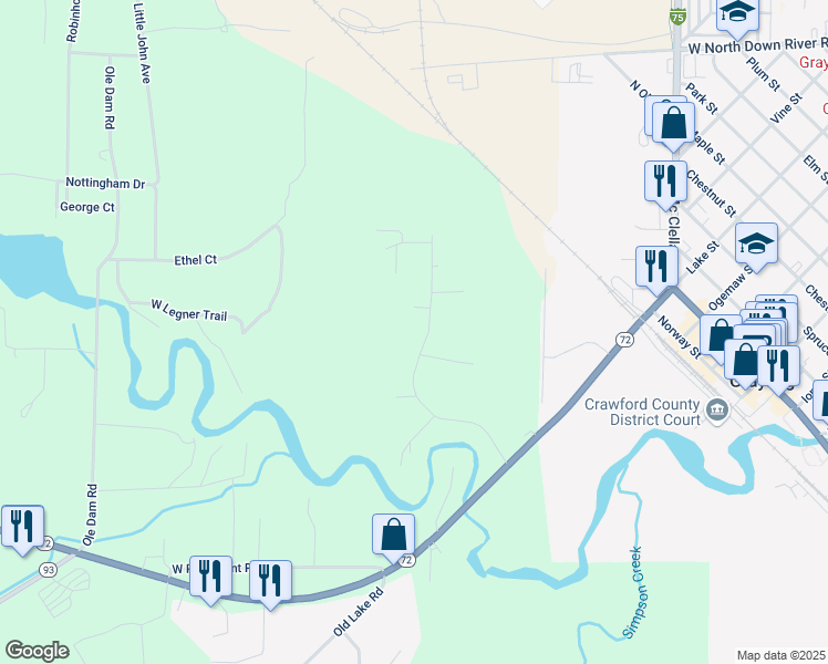 map of restaurants, bars, coffee shops, grocery stores, and more near 157 Evergreen Drive in Grayling