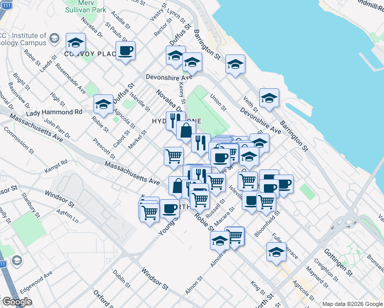 map of restaurants, bars, coffee shops, grocery stores, and more near 3188 Isleville Street in Halifax