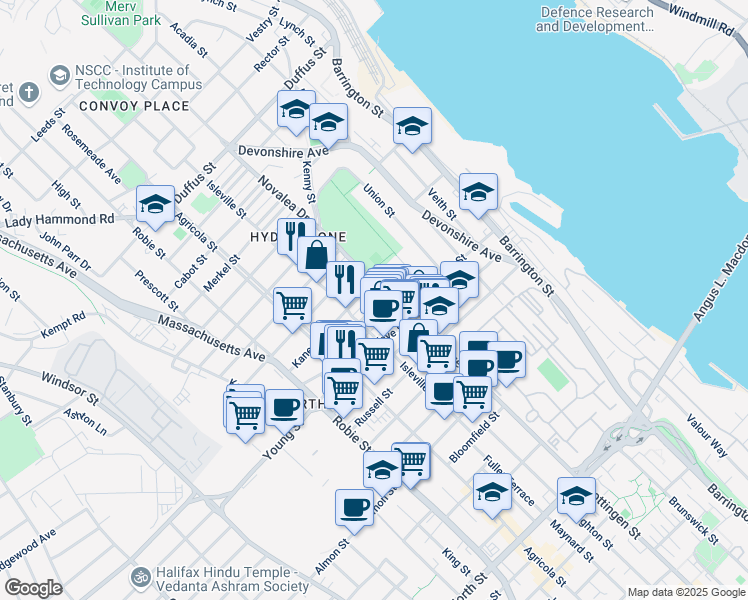 map of restaurants, bars, coffee shops, grocery stores, and more near 5519 Hennessey Place in Halifax