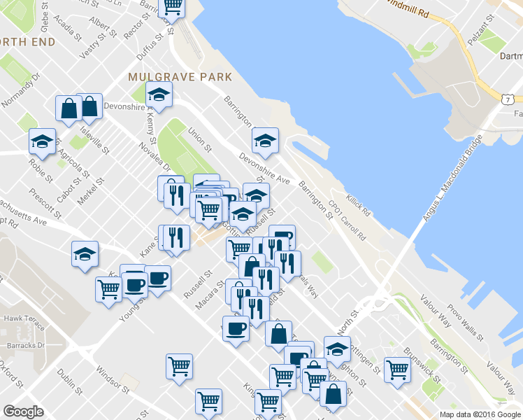 map of restaurants, bars, coffee shops, grocery stores, and more near 5350 Russell Street in Halifax