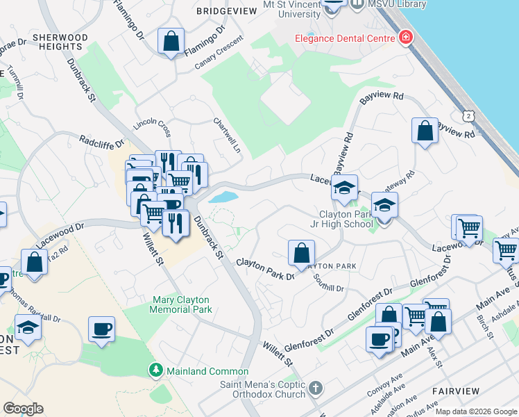 map of restaurants, bars, coffee shops, grocery stores, and more near 34 Northcliffe Lane in Halifax
