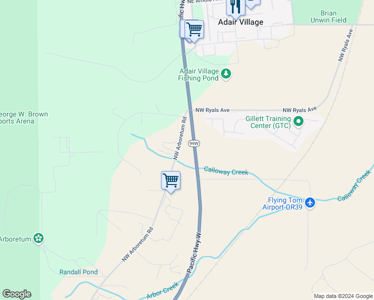 map of restaurants, bars, coffee shops, grocery stores, and more near 9005 Northwest Arboretum Road in Corvallis