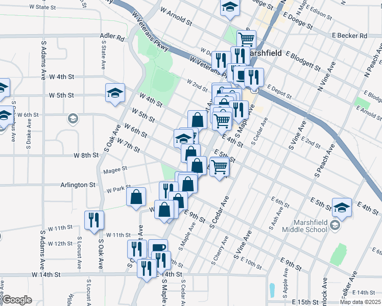 map of restaurants, bars, coffee shops, grocery stores, and more near 610 South Chestnut Avenue in Marshfield