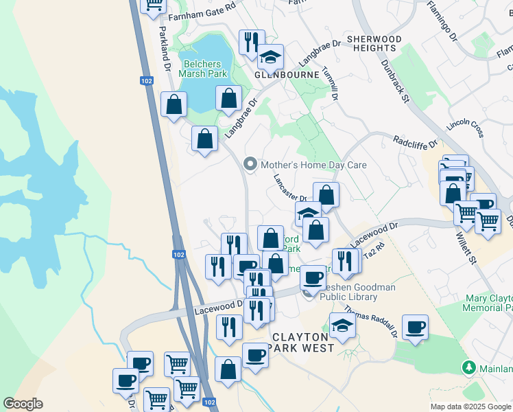 map of restaurants, bars, coffee shops, grocery stores, and more near 60 Bethany Way in Halifax