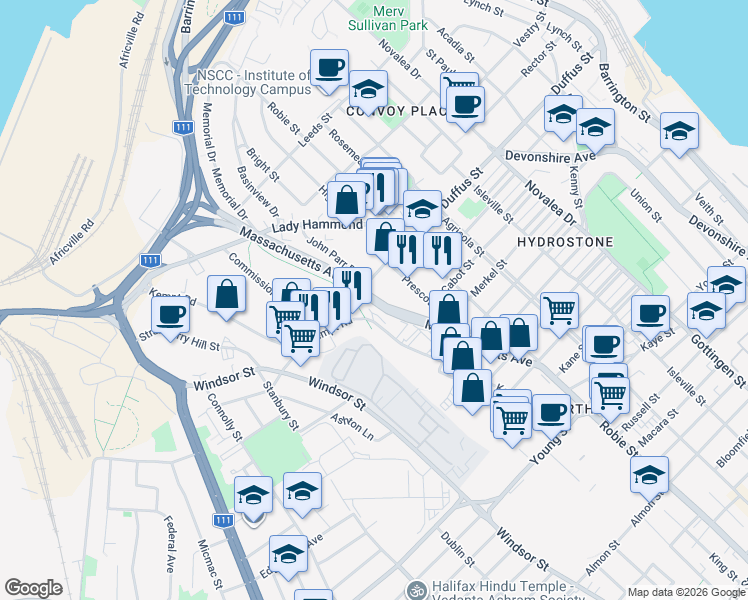 map of restaurants, bars, coffee shops, grocery stores, and more near Massachusetts Avenue in Halifax