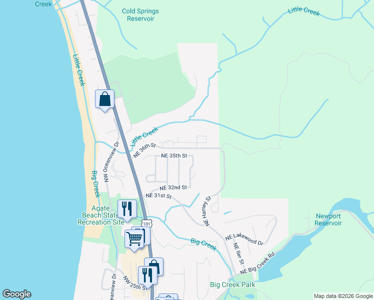 map of restaurants, bars, coffee shops, grocery stores, and more near 436 Northeast 35th Street in Newport