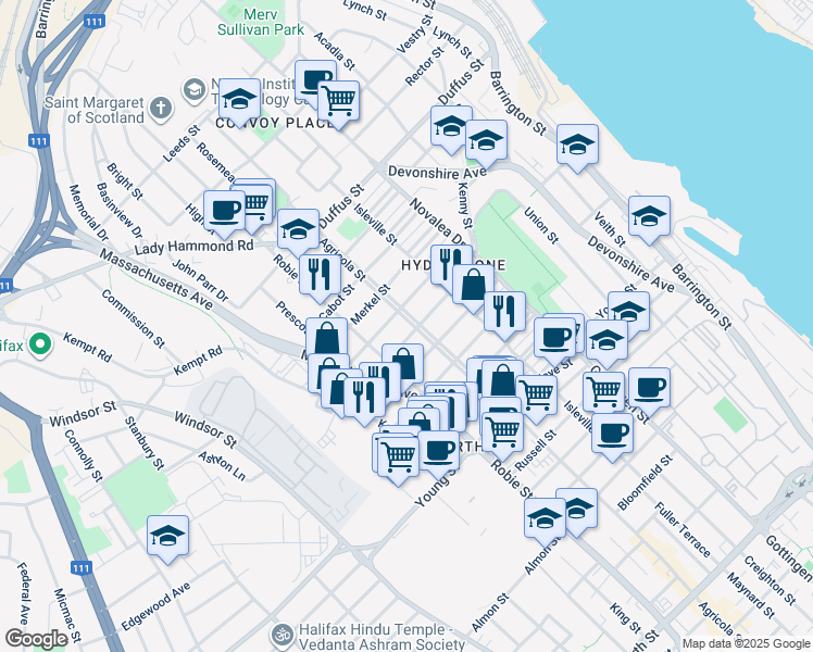 map of restaurants, bars, coffee shops, grocery stores, and more near 3242 Agricola Street in Halifax