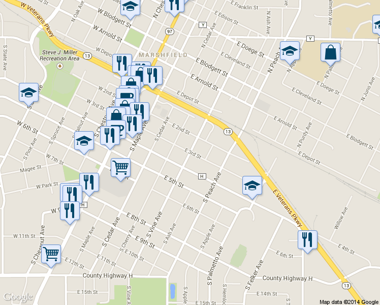 map of restaurants, bars, coffee shops, grocery stores, and more near East 3rd Street in Marshfield