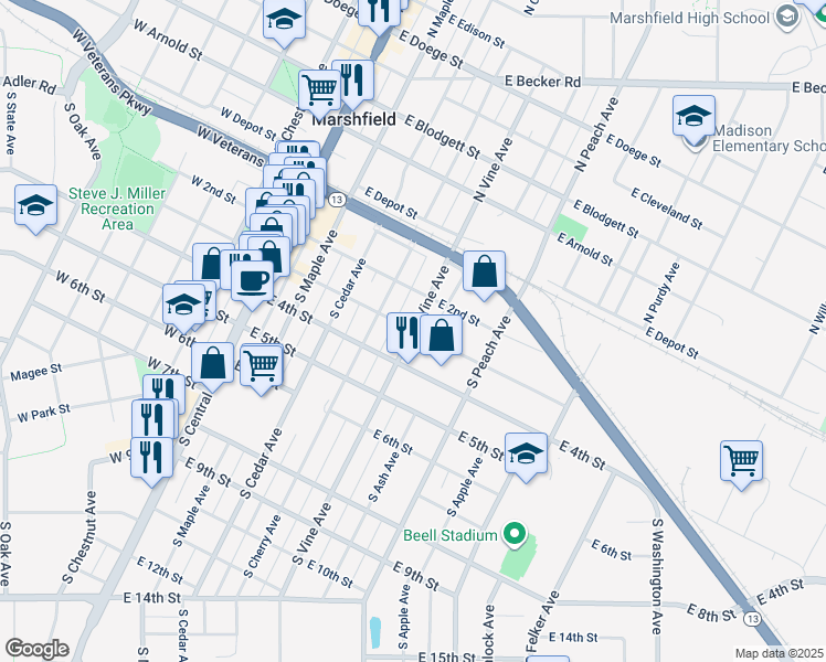 map of restaurants, bars, coffee shops, grocery stores, and more near East 3rd Street in Marshfield
