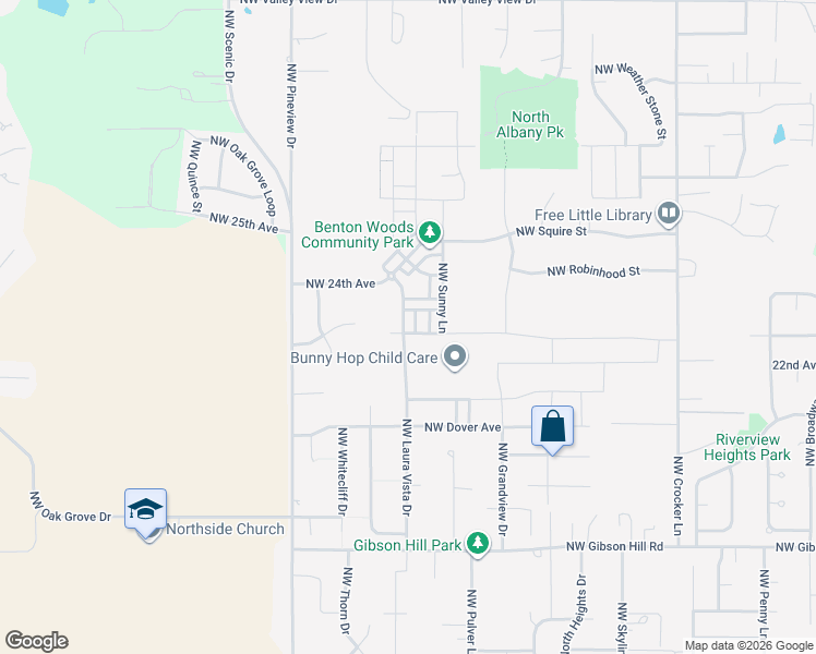 map of restaurants, bars, coffee shops, grocery stores, and more near 2335 Laura Vista Drive Northwest in Albany