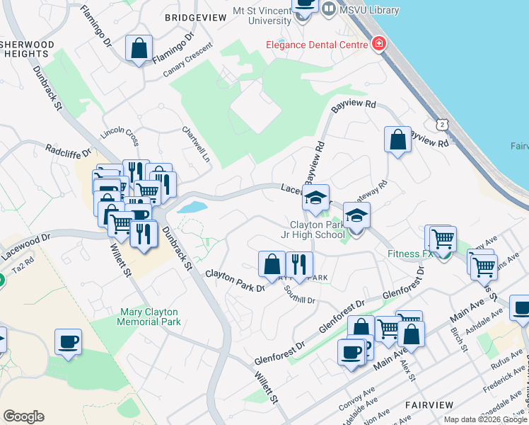 map of restaurants, bars, coffee shops, grocery stores, and more near 51 Hazelholme Drive in Halifax