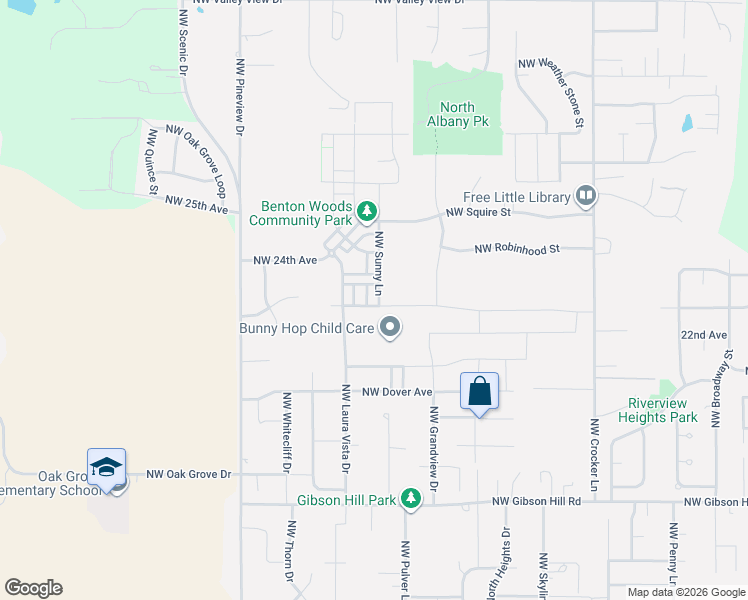 map of restaurants, bars, coffee shops, grocery stores, and more near 2308 Northwest Sunny Lane in Albany