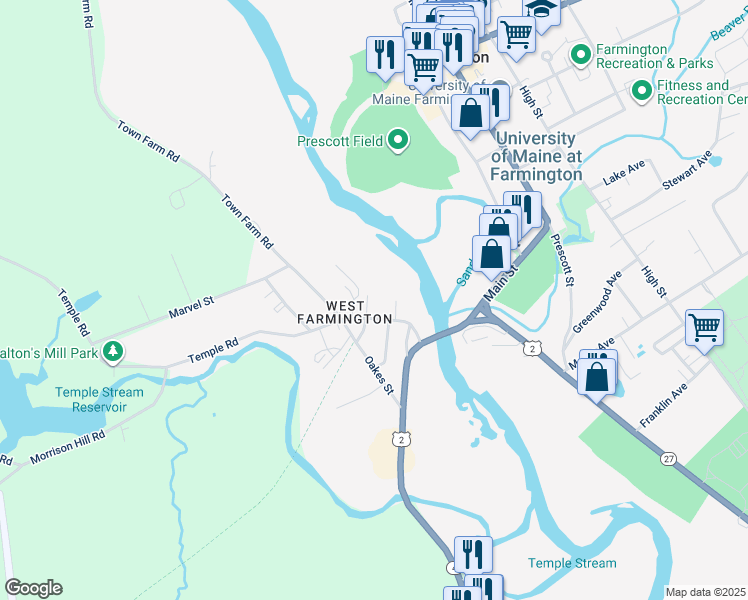 map of restaurants, bars, coffee shops, grocery stores, and more near 129 Bridge Street in Farmington