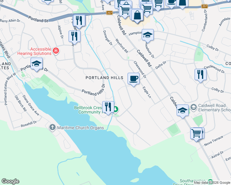 map of restaurants, bars, coffee shops, grocery stores, and more near 68 Collingwood Court in Dartmouth