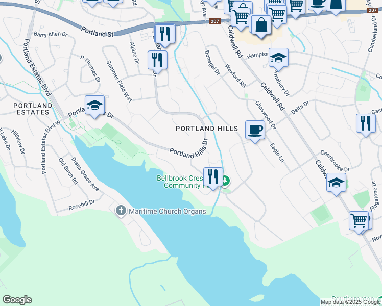 map of restaurants, bars, coffee shops, grocery stores, and more near 314 Portland Hills Drive in Dartmouth