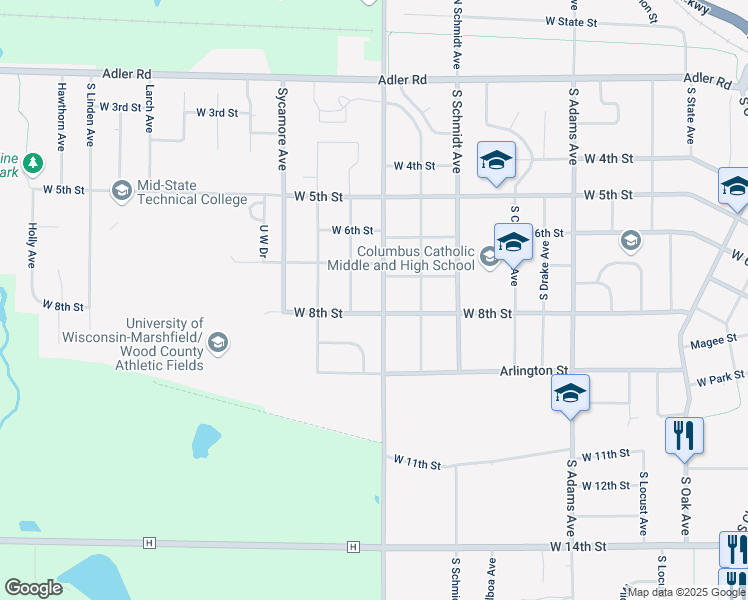 map of restaurants, bars, coffee shops, grocery stores, and more near 801 South Lincoln Avenue in Marshfield