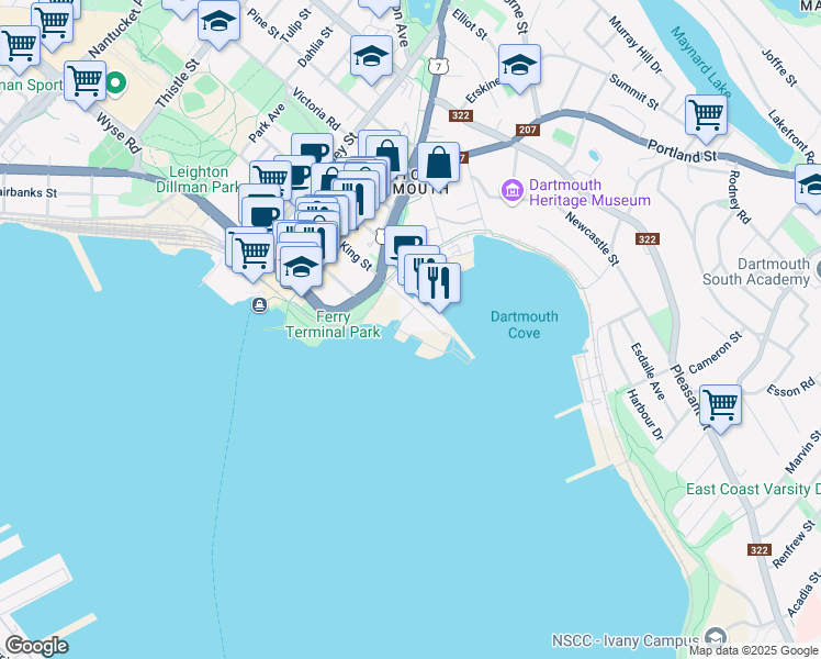 map of restaurants, bars, coffee shops, grocery stores, and more near 50 Kings Wharf Place in Dartmouth