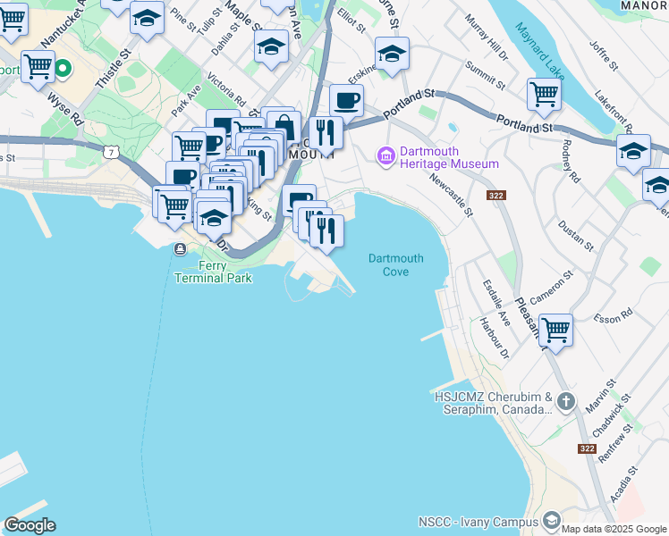 map of restaurants, bars, coffee shops, grocery stores, and more near 67 Kings Wharf Place in Dartmouth