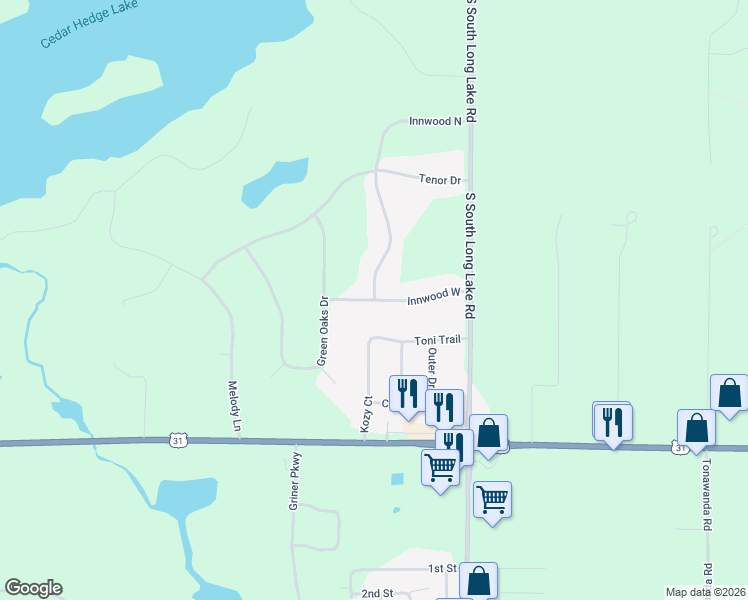map of restaurants, bars, coffee shops, grocery stores, and more near 9747 Innwood West in Interlochen