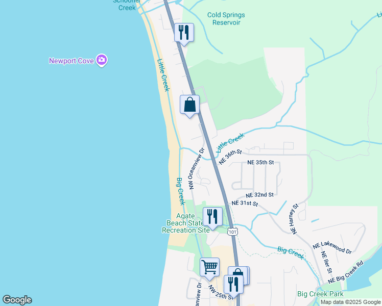 map of restaurants, bars, coffee shops, grocery stores, and more near 3301-3641 Northwest Oceanview Drive in Newport