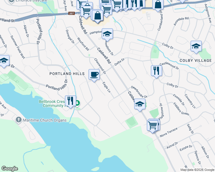 map of restaurants, bars, coffee shops, grocery stores, and more near 31 Eagle Lane in Cole Harbour