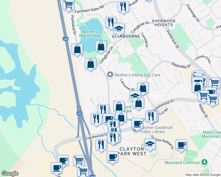 map of restaurants, bars, coffee shops, grocery stores, and more near 159 Parkland Drive in Halifax