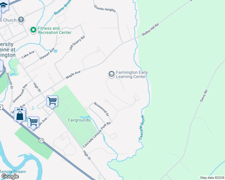map of restaurants, bars, coffee shops, grocery stores, and more near 103 Farmington Falls Road in Farmington
