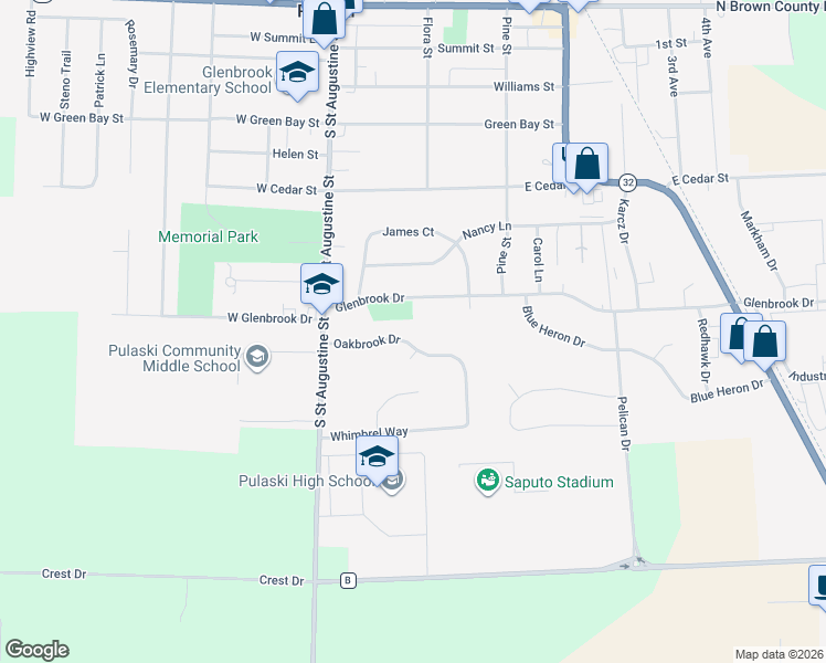 map of restaurants, bars, coffee shops, grocery stores, and more near 178 Glenbrook Drive in Pulaski