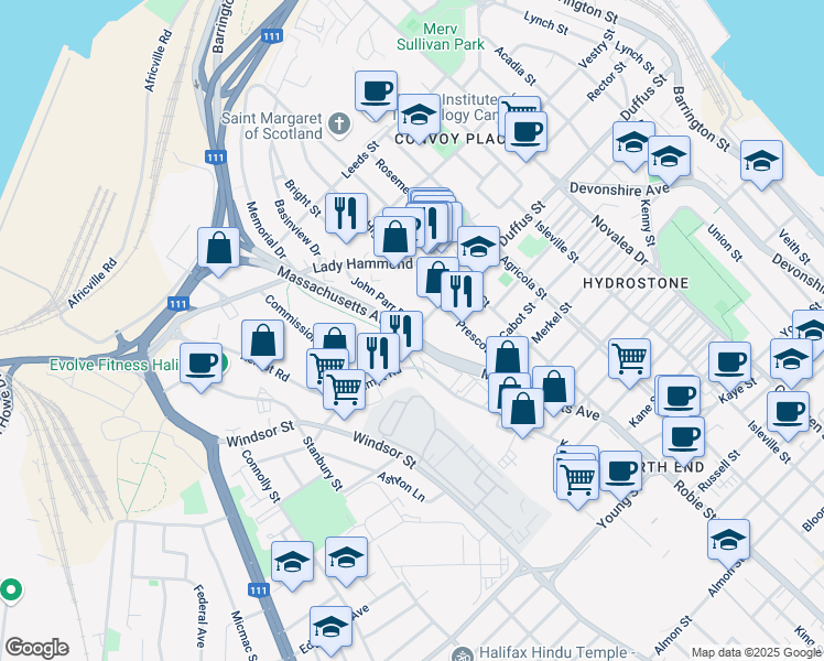 map of restaurants, bars, coffee shops, grocery stores, and more near 3536 John Parr Drive in Halifax